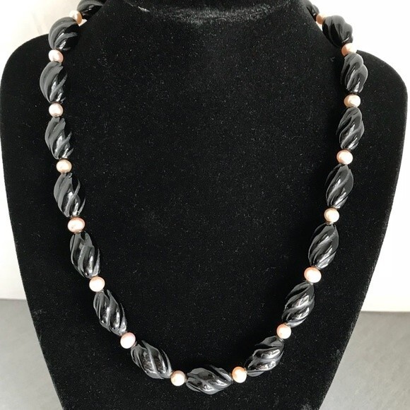 Vintage Handmade Black Onyx Twist Beads Mauve Pink Freshwater Pearls Sterling - Picture 1 of 7